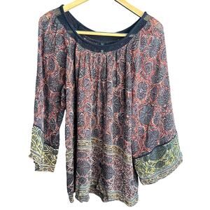 PLENTY by Tracy Reese | Boho Flowy Knit Collar Wide Sleeve Blouse | Small